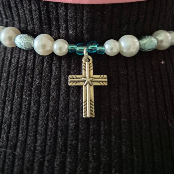 Beaded Hat Band with Cross Charm – Blue Pearl Western Accessory - Picture 1 of 4